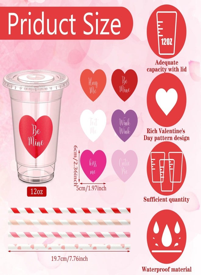 SiliFine 36 Sets Valentines Day Party Cups with Lids and Straws Heart Stickers Plastic Clear 12oz Valentine's Day Disposable Cups for Coffee Juice Drinks Valentines Party Supplies - Image 2